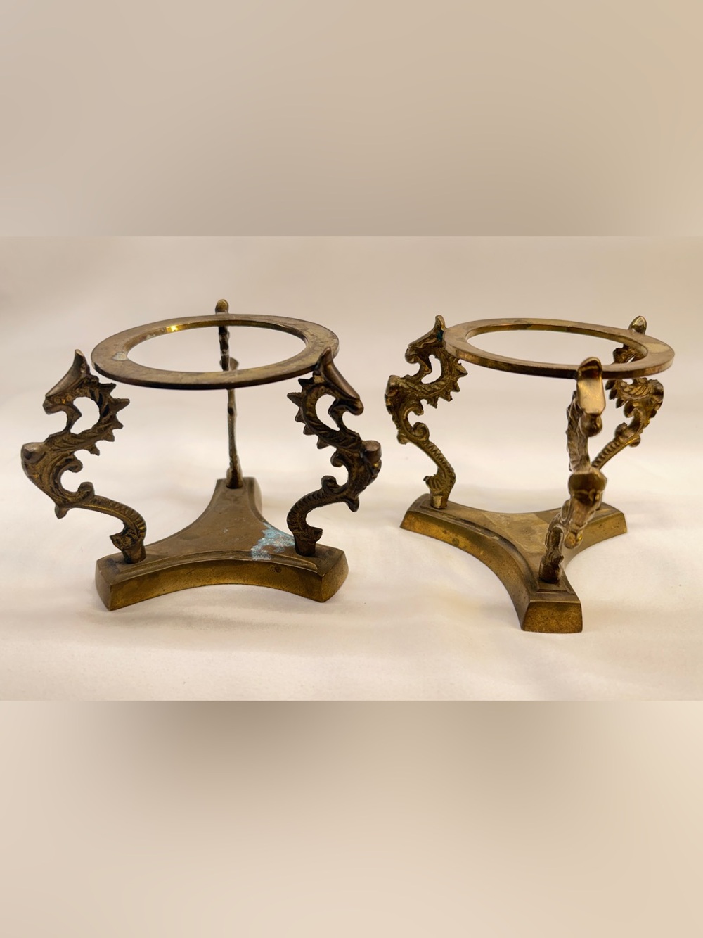 Vtg Solid Brass Dragon Tripod Display Stands Pair - Set of 2 Ornate Pedestals